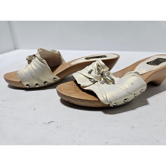 Salpy Womens Wooden Clogs Mules White Leather Accent Platform Wedge Heels Size 6 - Picture 5 of 9